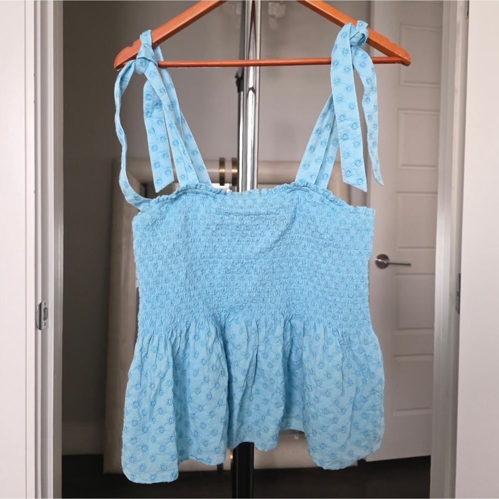 Kate Spade Blue Floral Smocked Peplum Tie-Shoulder Top Size L - Picture 4 of 8